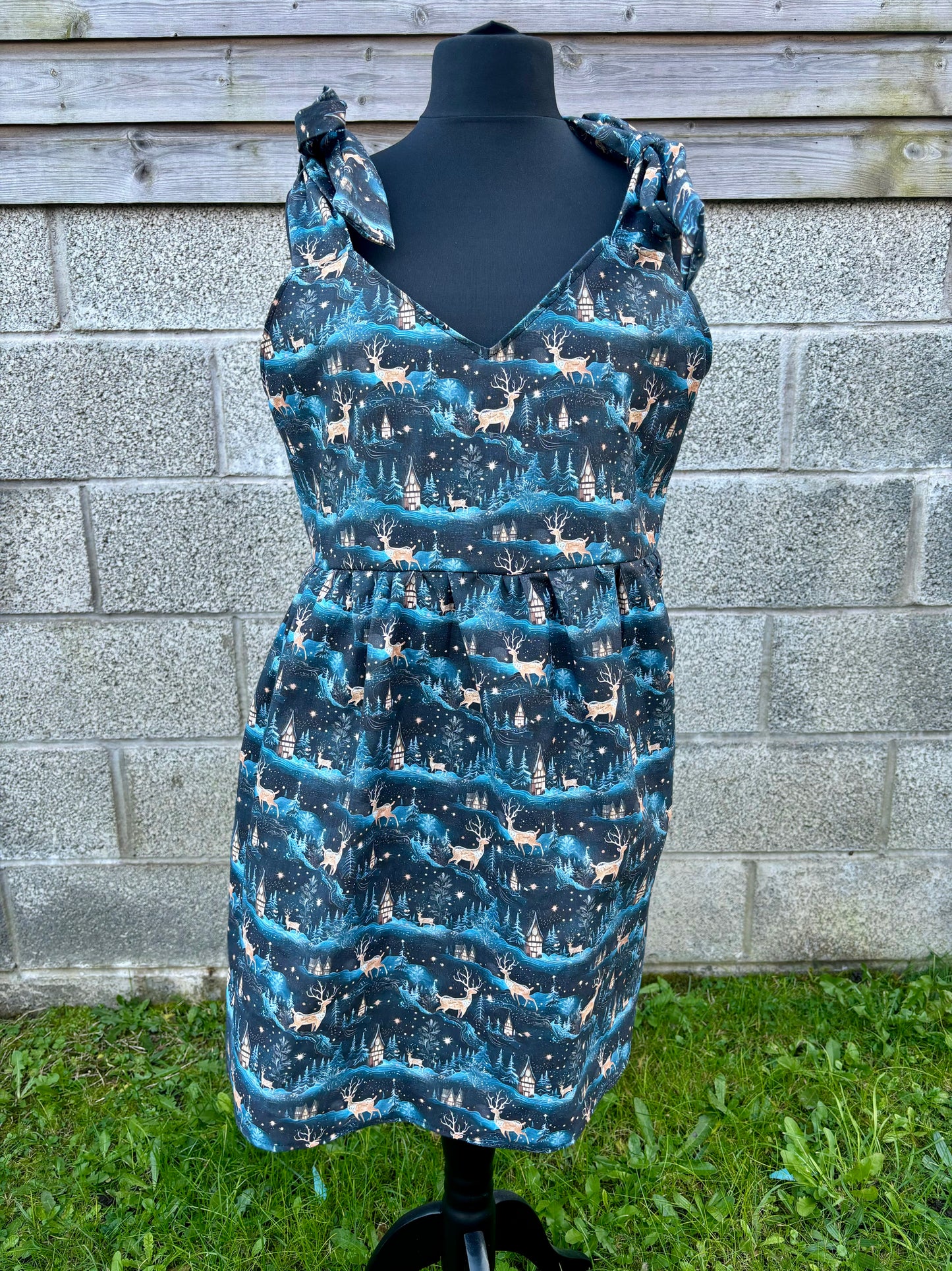 V Neck Baby Doll Dress in Reindeer Wonderland fabric