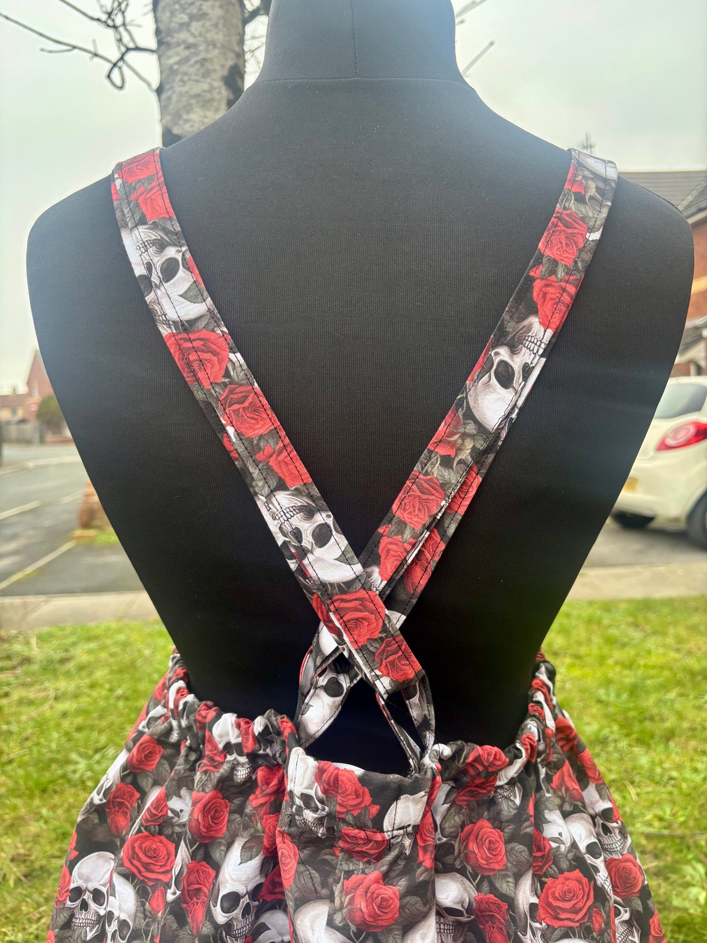 Sweetheart Pini Dress is Skulls & Roses fabric
