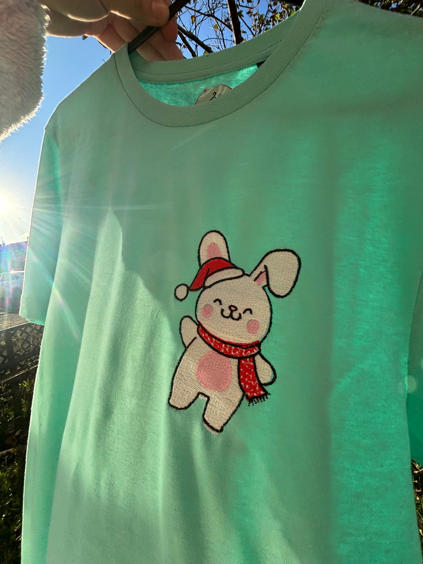 Fudge the Bunny Embroidered T-shirt. Peppermint