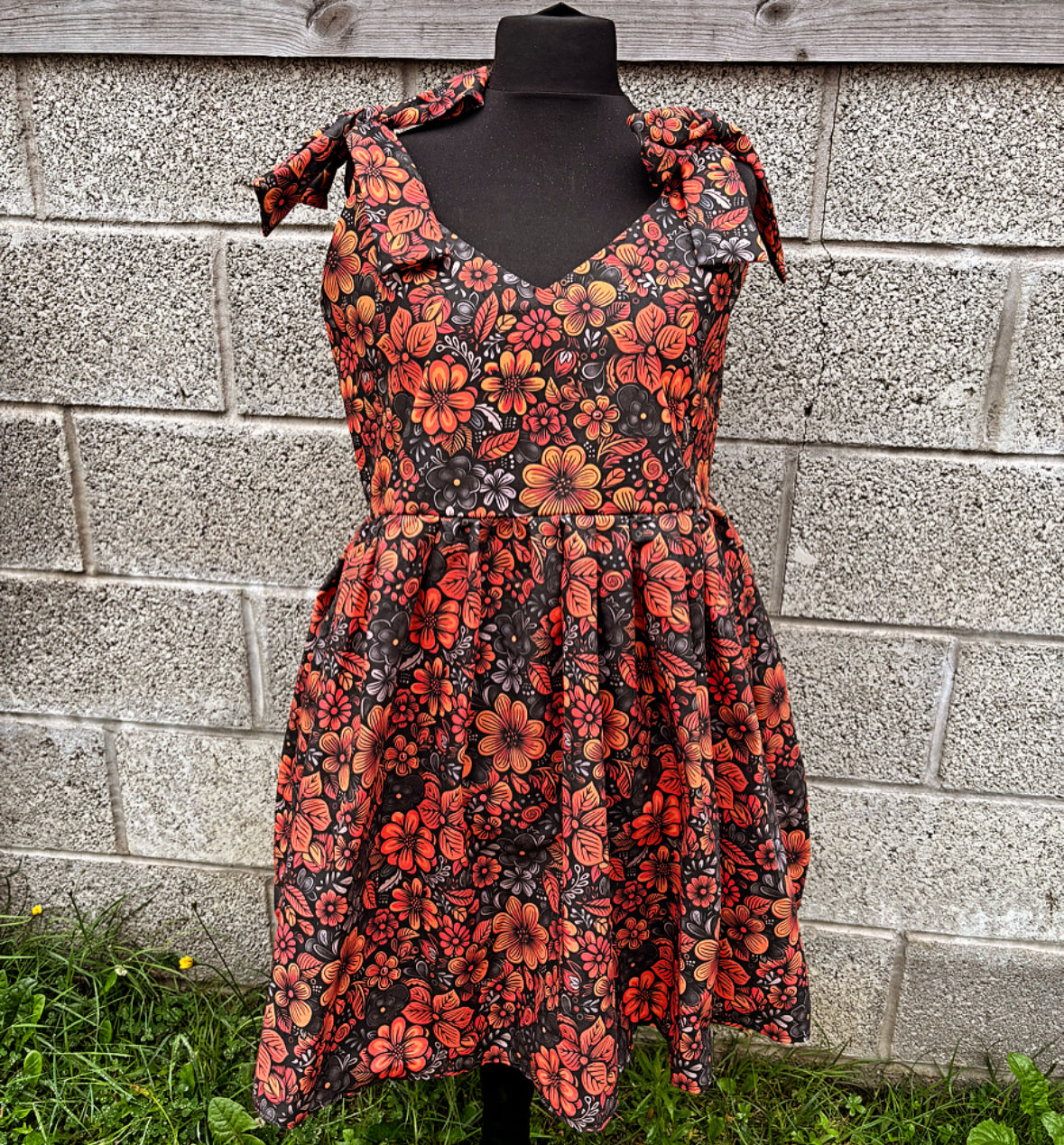V Neck Baby Doll Dress in Autumn Floral fabric