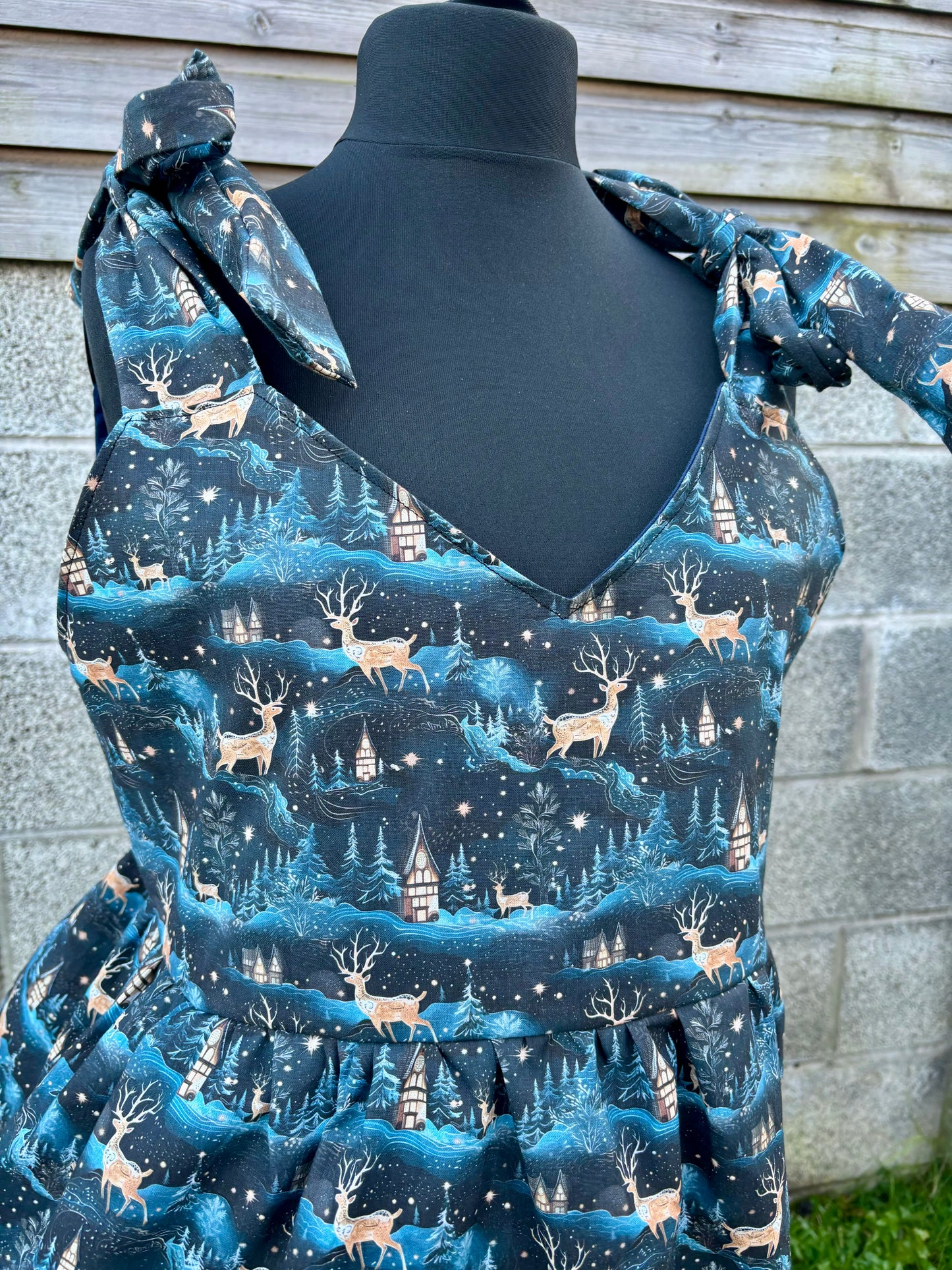 V Neck Baby Doll Dress in Reindeer Wonderland fabric