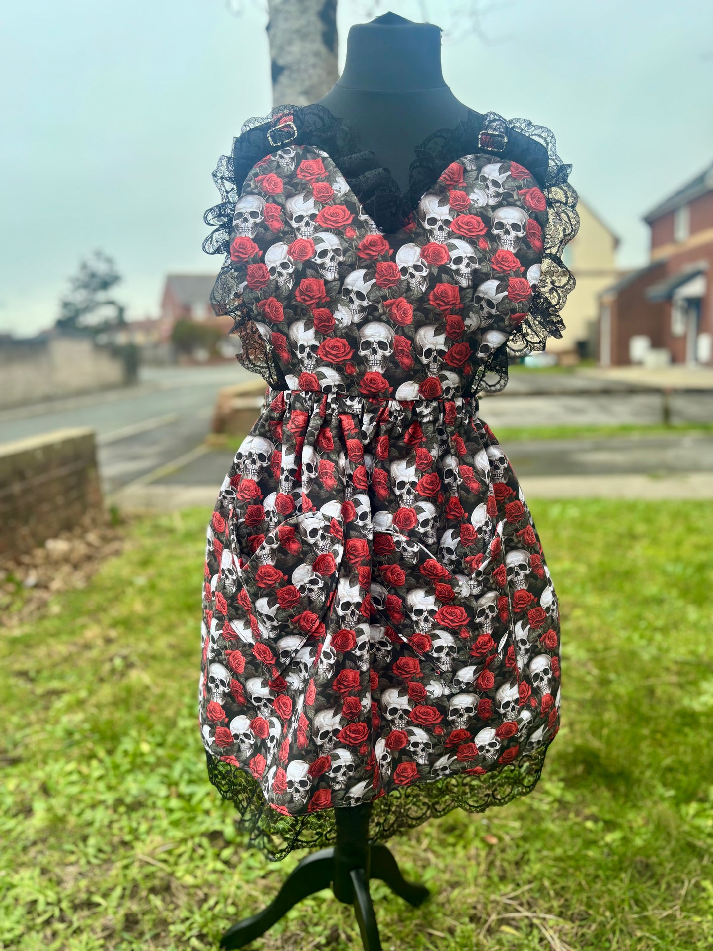 Sweetheart Pini Dress is Skulls & Roses fabric
