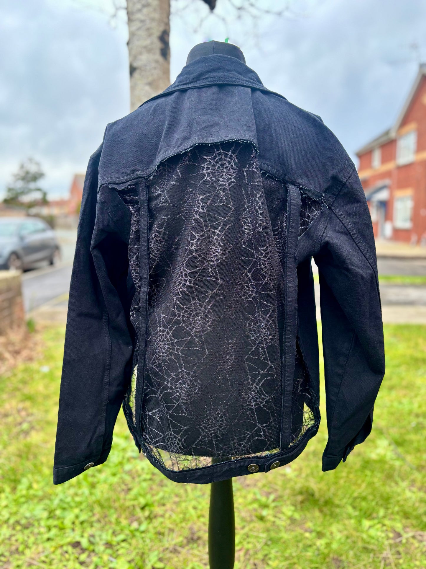 Spider Web Mesh Panel Black Denim Jacket