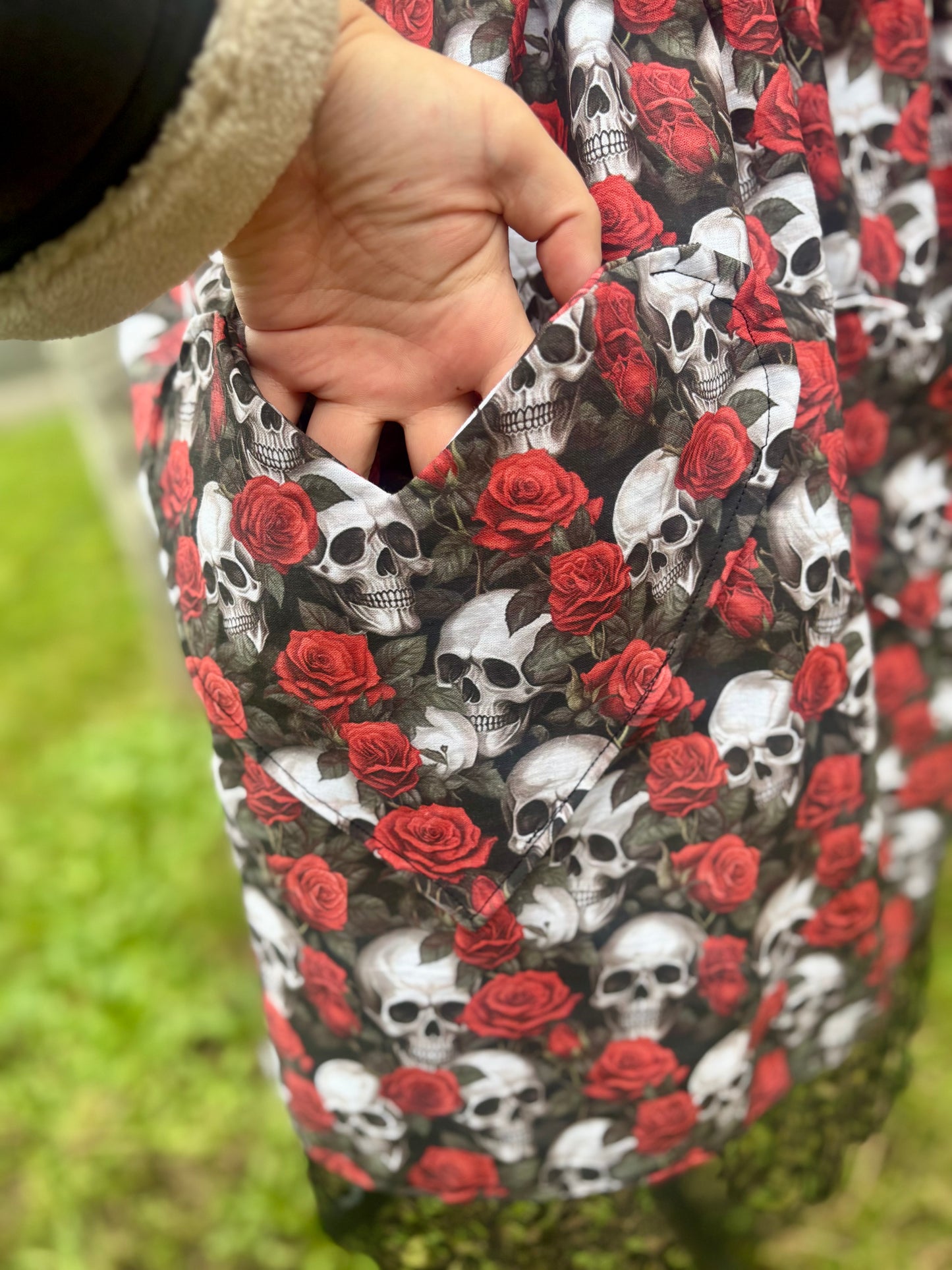 Sweetheart Pini Dress is Skulls & Roses fabric
