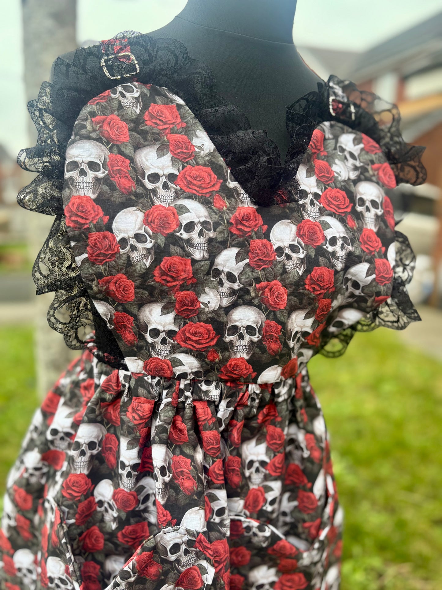 Sweetheart Pini Dress is Skulls & Roses fabric