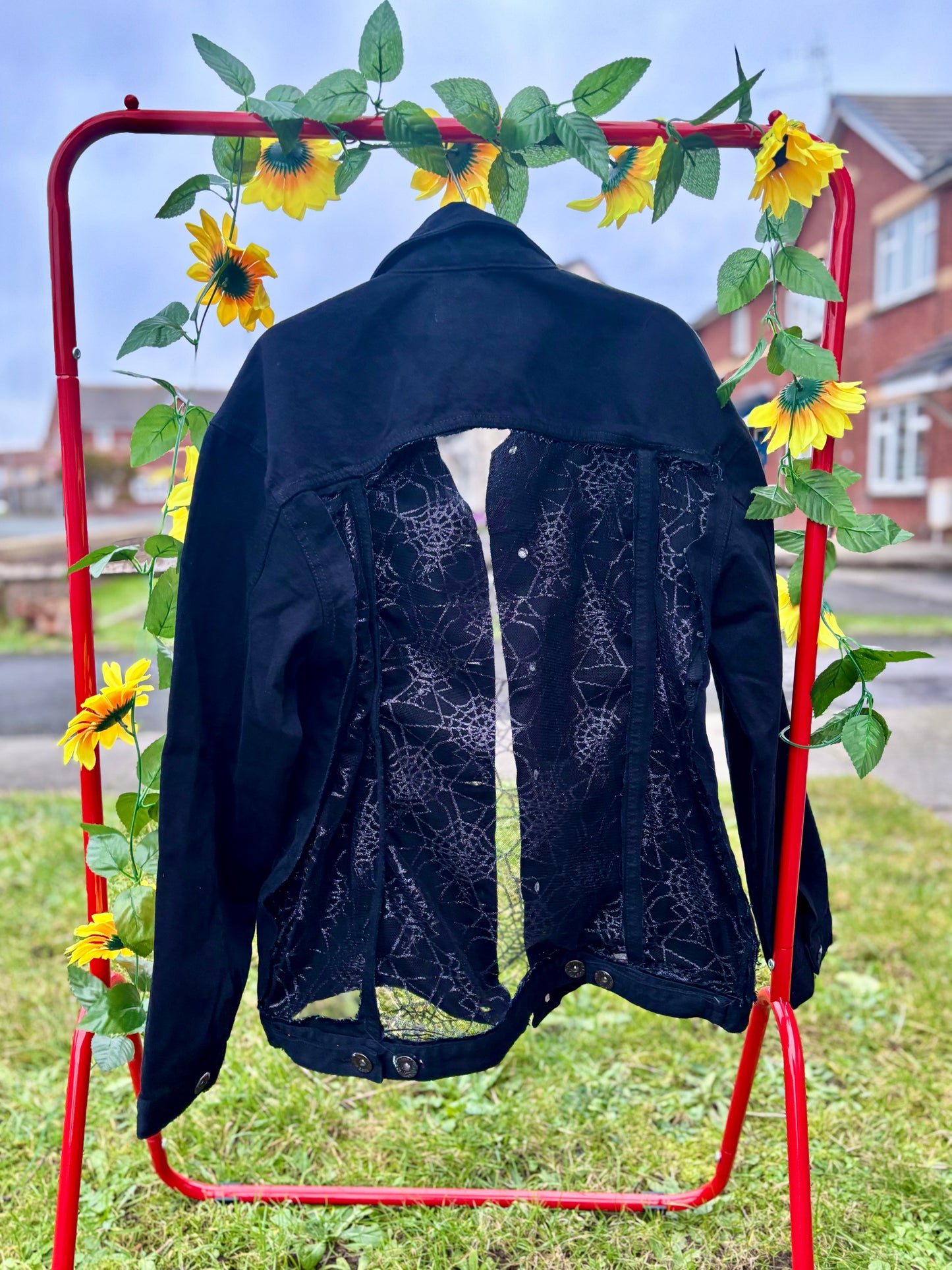 Spider Web Mesh Panel Black Denim Jacket