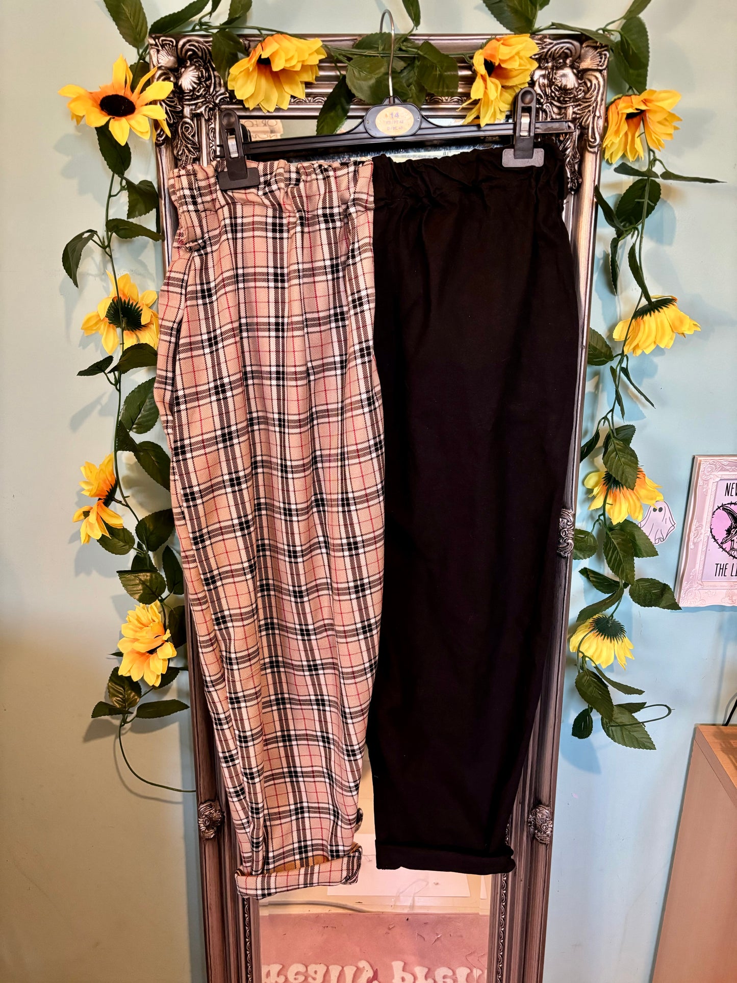 DISCOUNTED Three piece set caramel tartan mismatched tapered leg trousers, top and bow