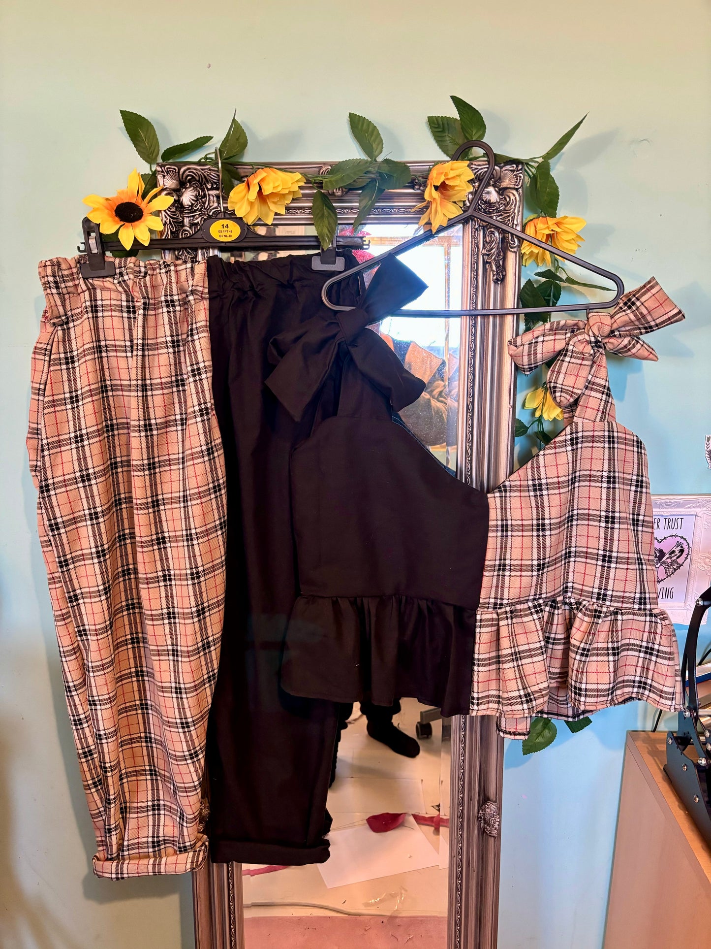 DISCOUNTED Three piece set caramel tartan mismatched tapered leg trousers, top and bow