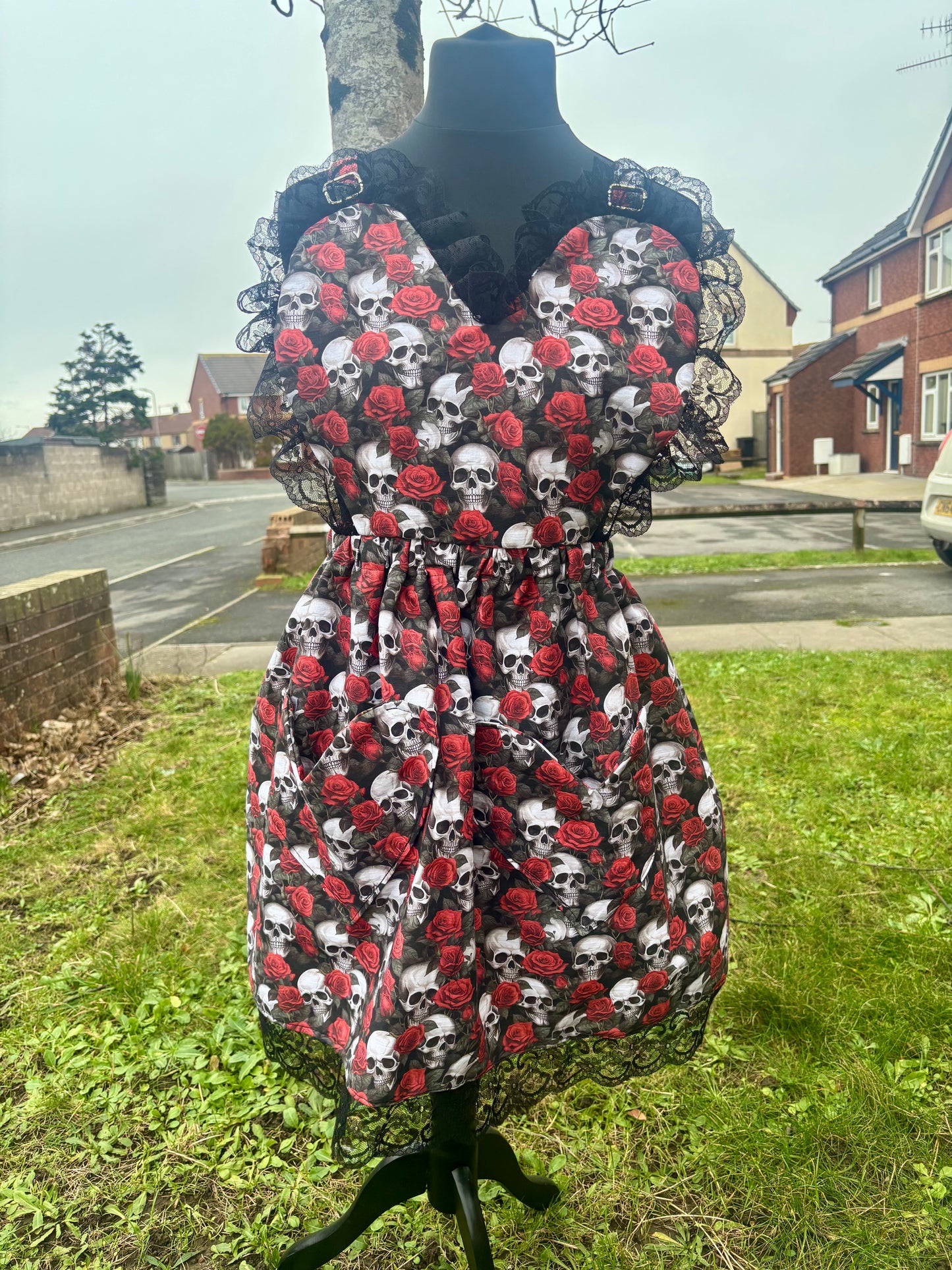 Sweetheart Pini Dress is Skulls & Roses fabric