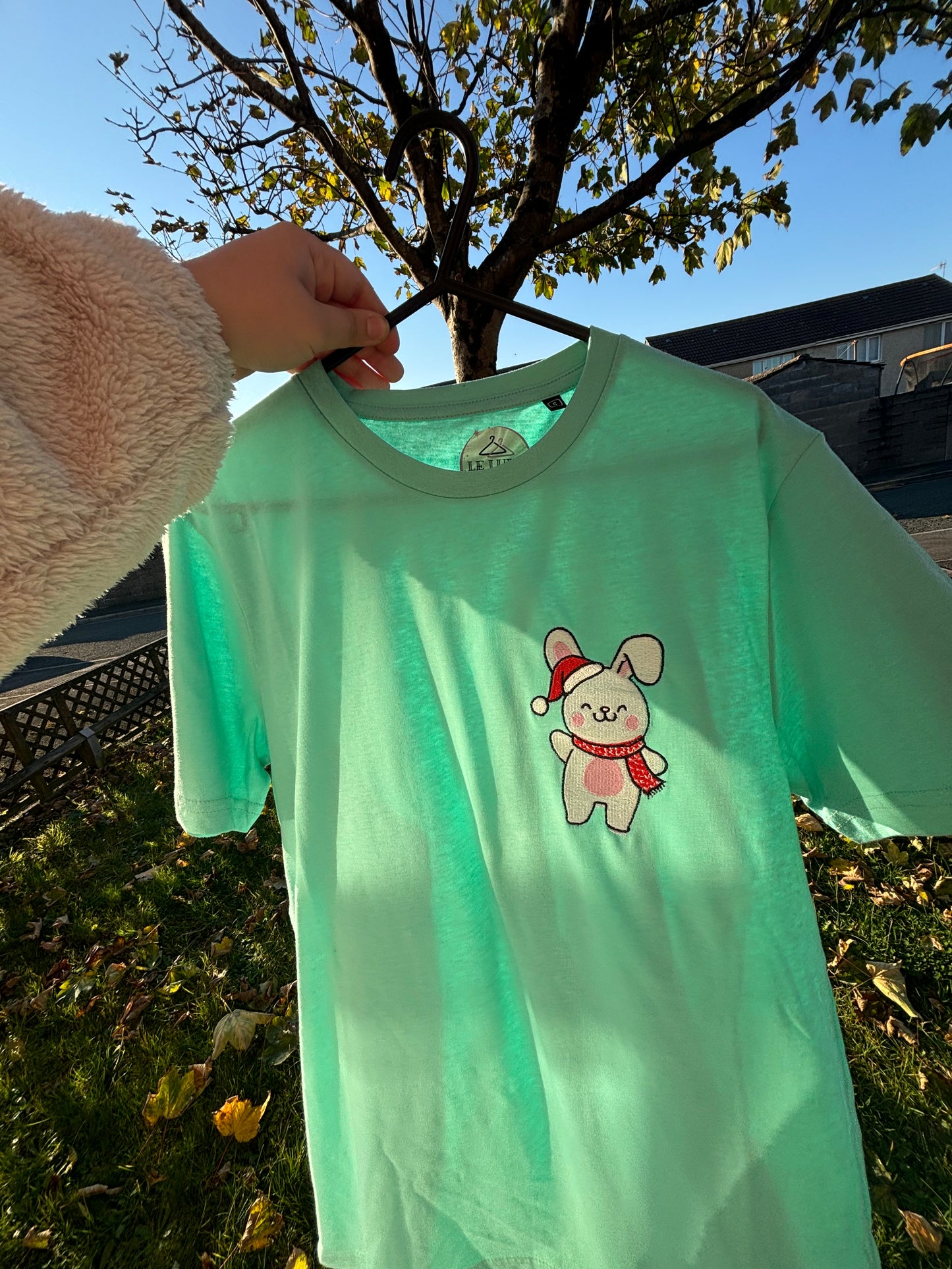 Fudge the Bunny Embroidered T-shirt. Peppermint