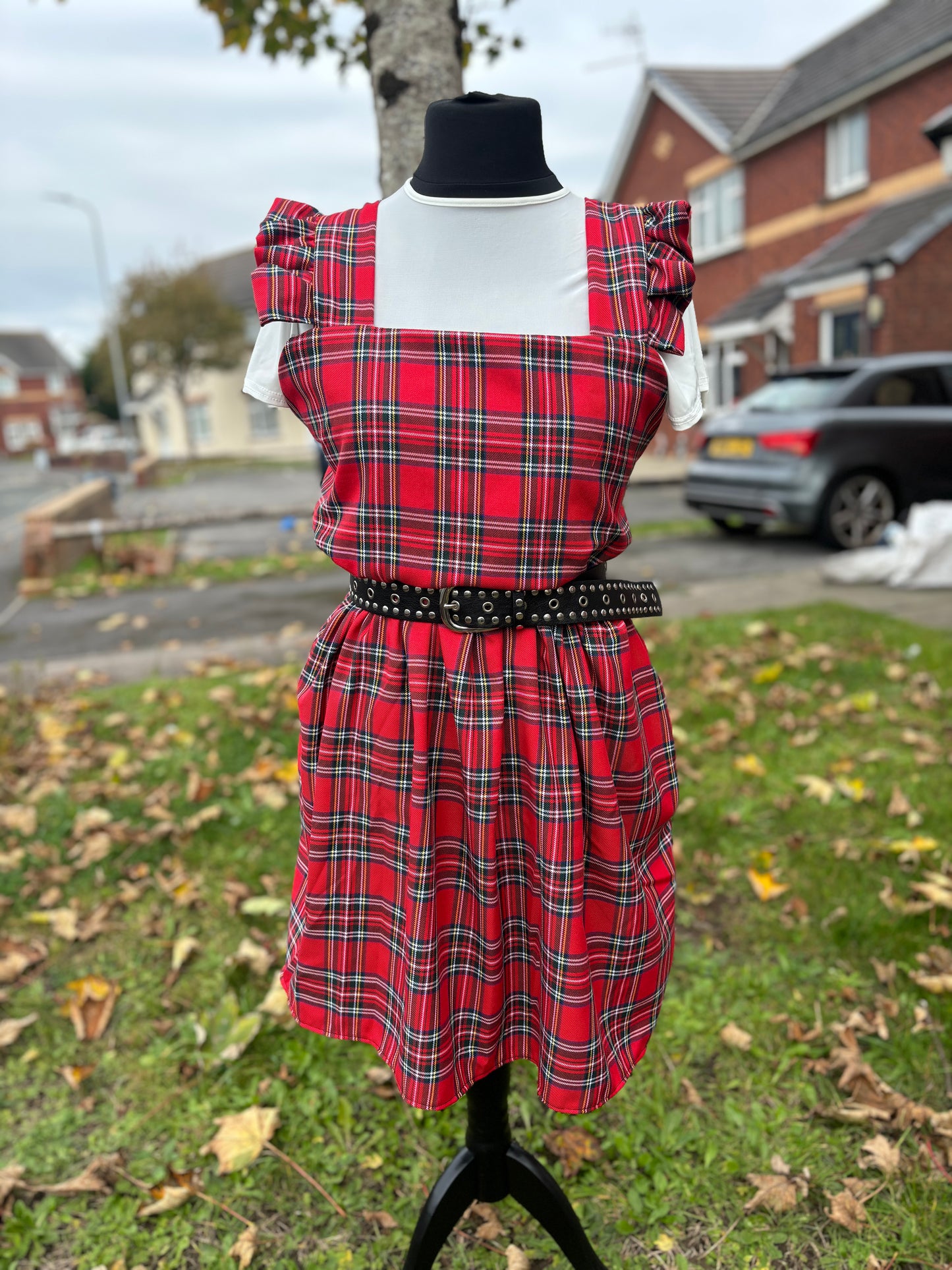 Baby Doll Dress in Red Tartan fabric - ruffle sleeves