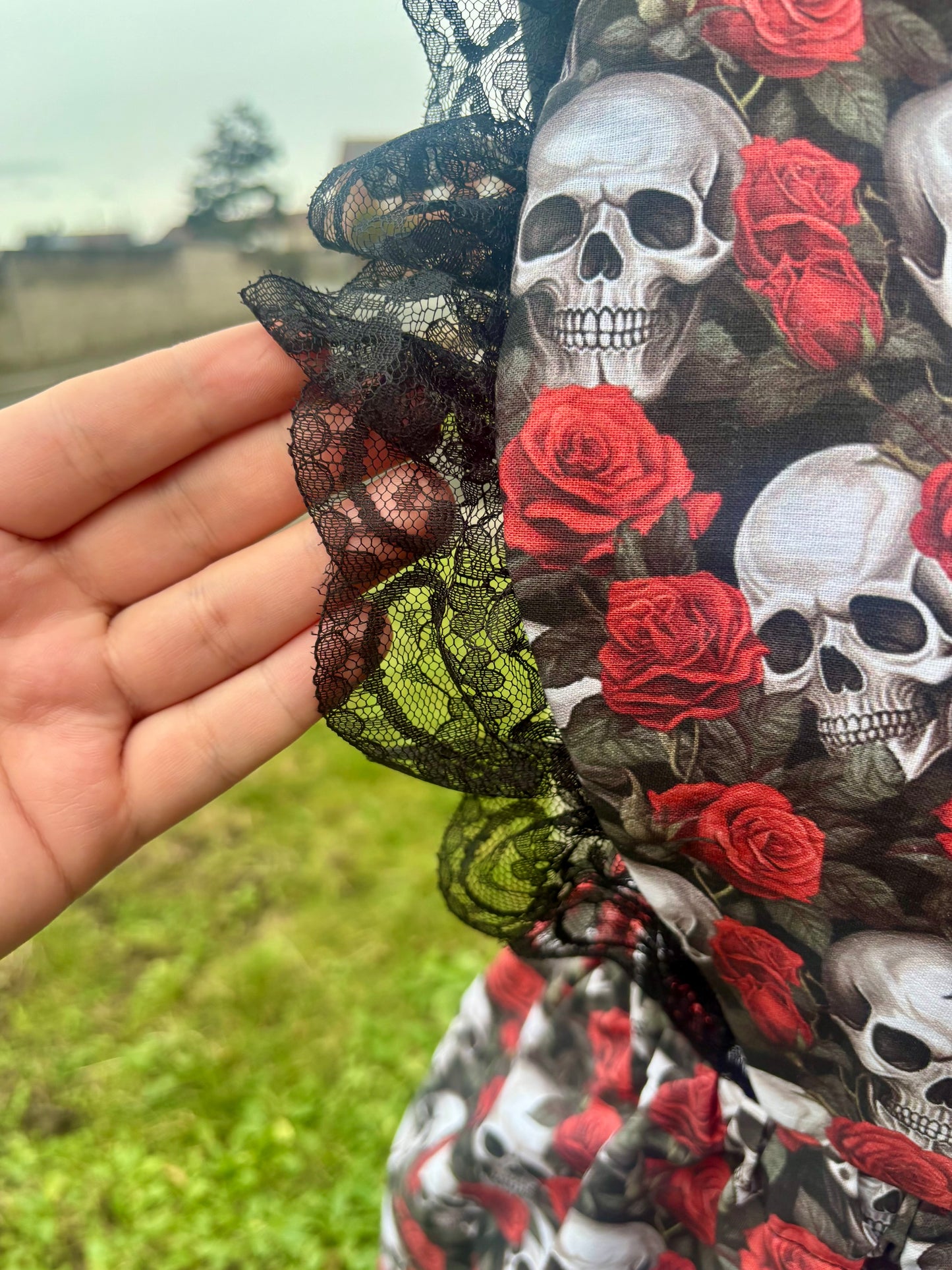 Sweetheart Pini Dress is Skulls & Roses fabric