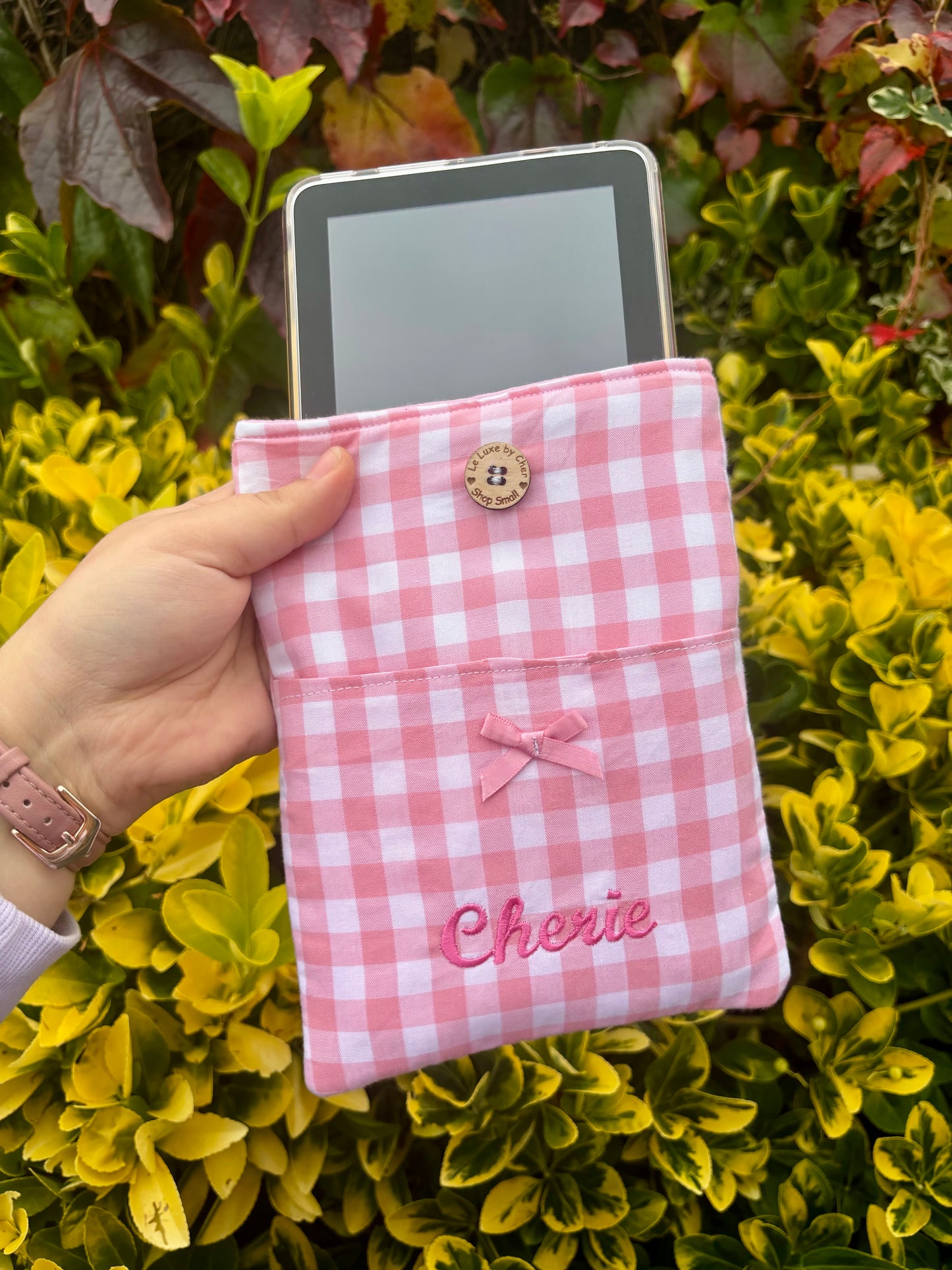 Embroidered Gingham book/tablet/kindle sleeve