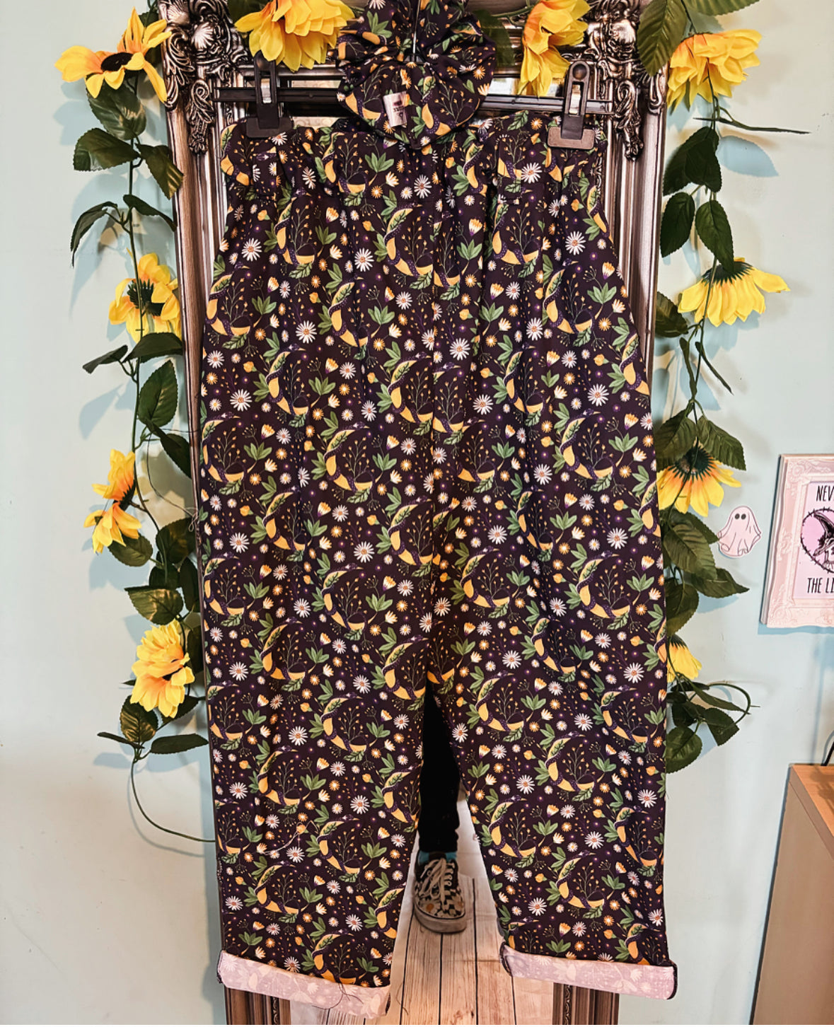 DISCOUNTED Three piece set Serpent Moon tapered leg trousers, cropped top and scrunchie