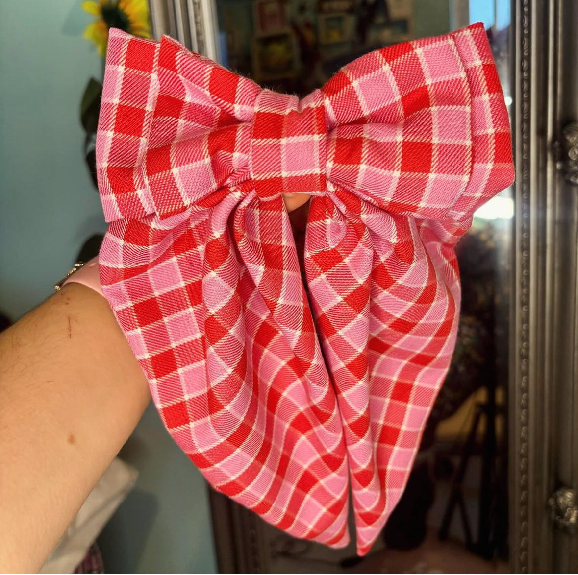 Pink and Red Check XL hair bow