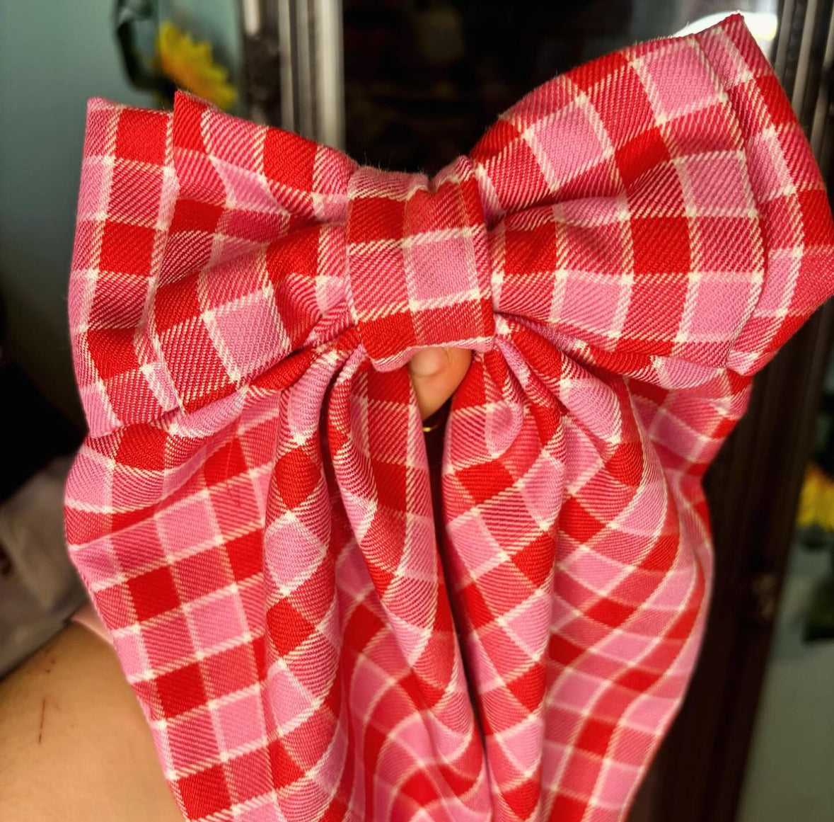 Pink and Red Check XL hair bow