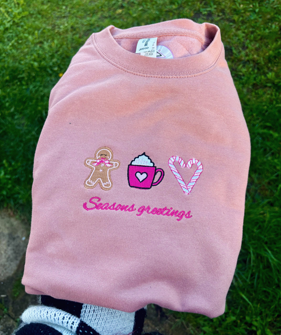 Pink Christmas Embroidered T-shirt, Sweatshirt or Hoodie. Dusky Pink