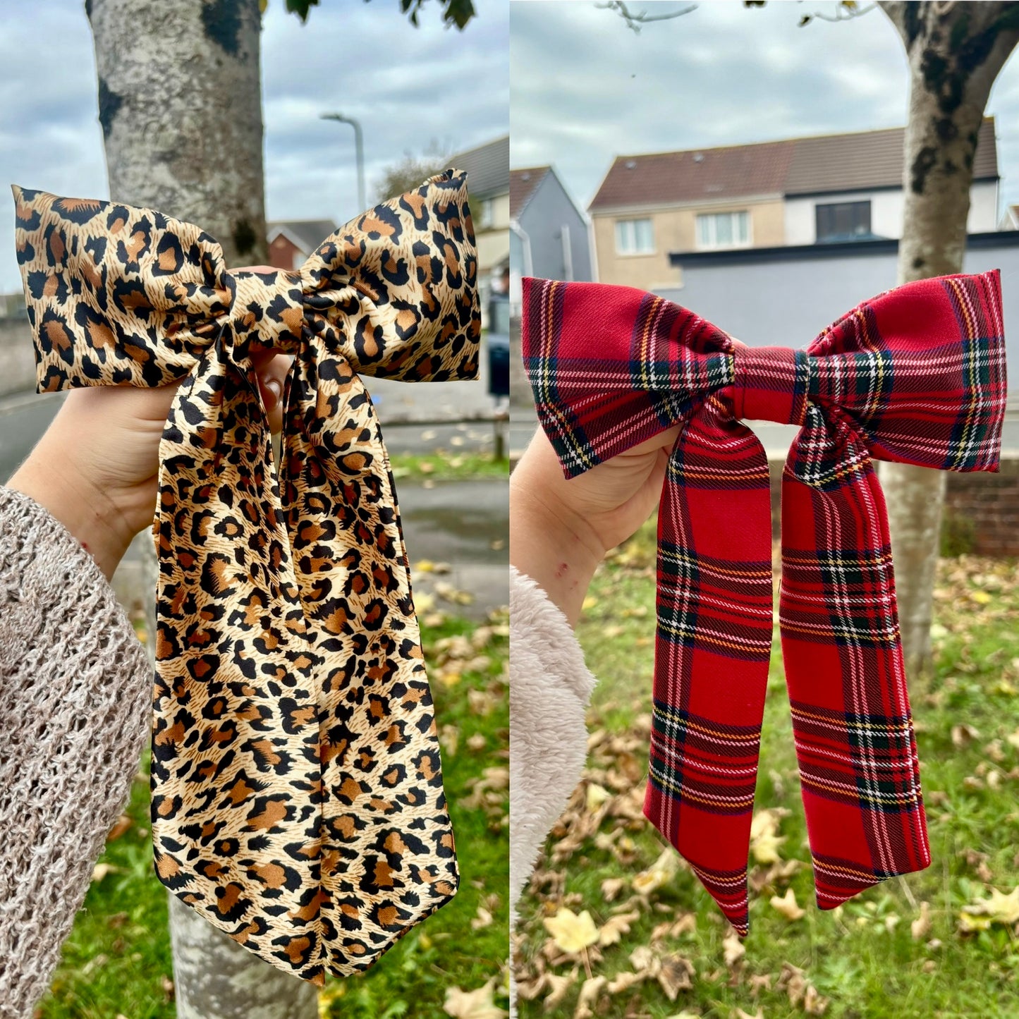 Faux gloss silk Leopard Print and Red Tartan classic hair bow set