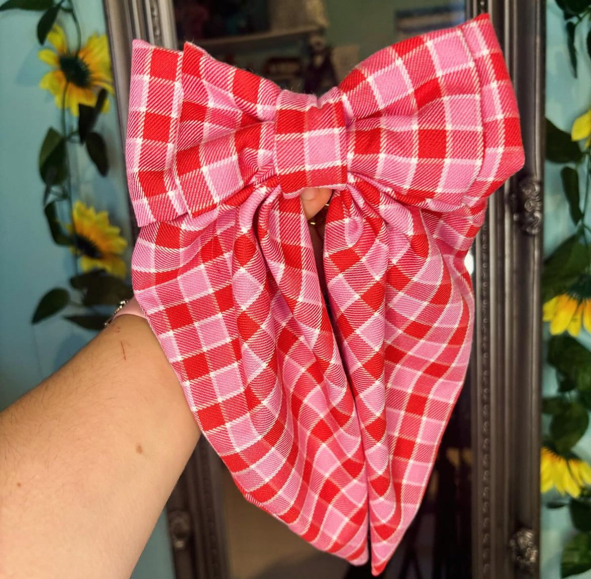 Pink and Red Check XL hair bow