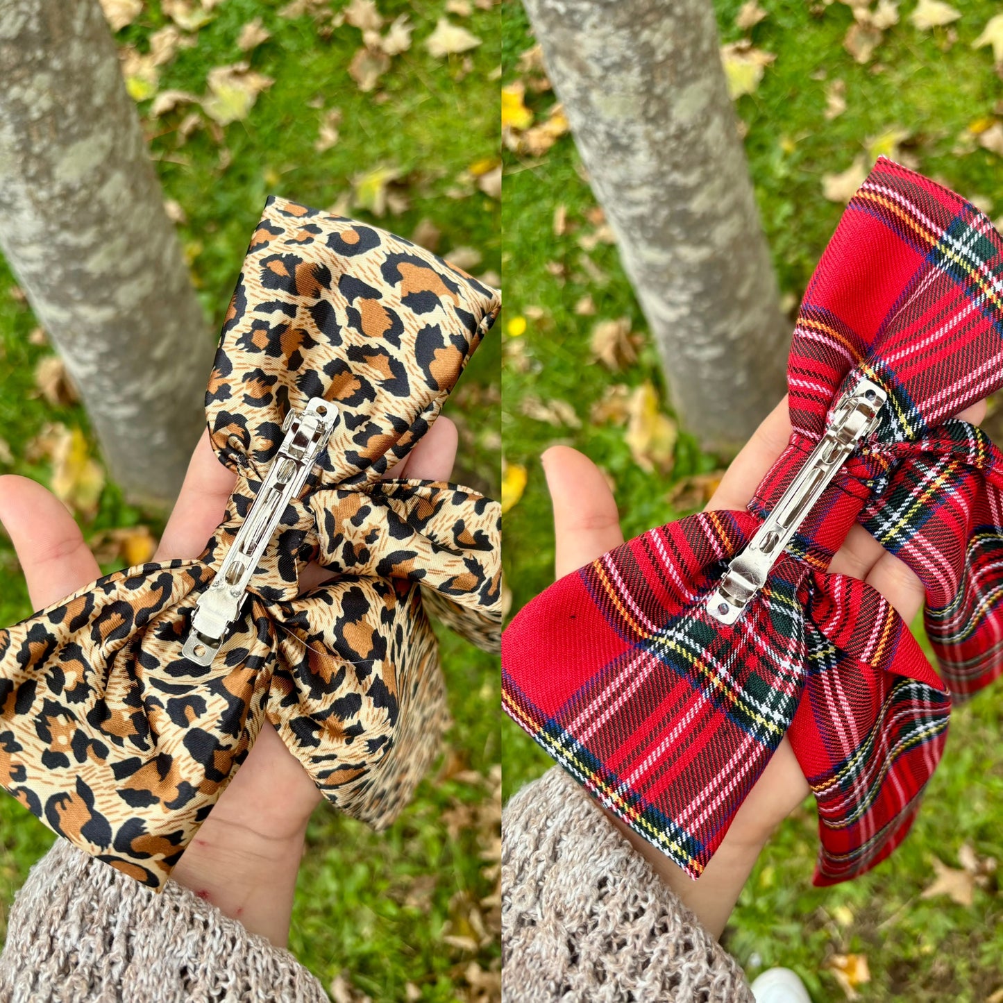 Faux gloss silk Leopard Print and Red Tartan classic hair bow set