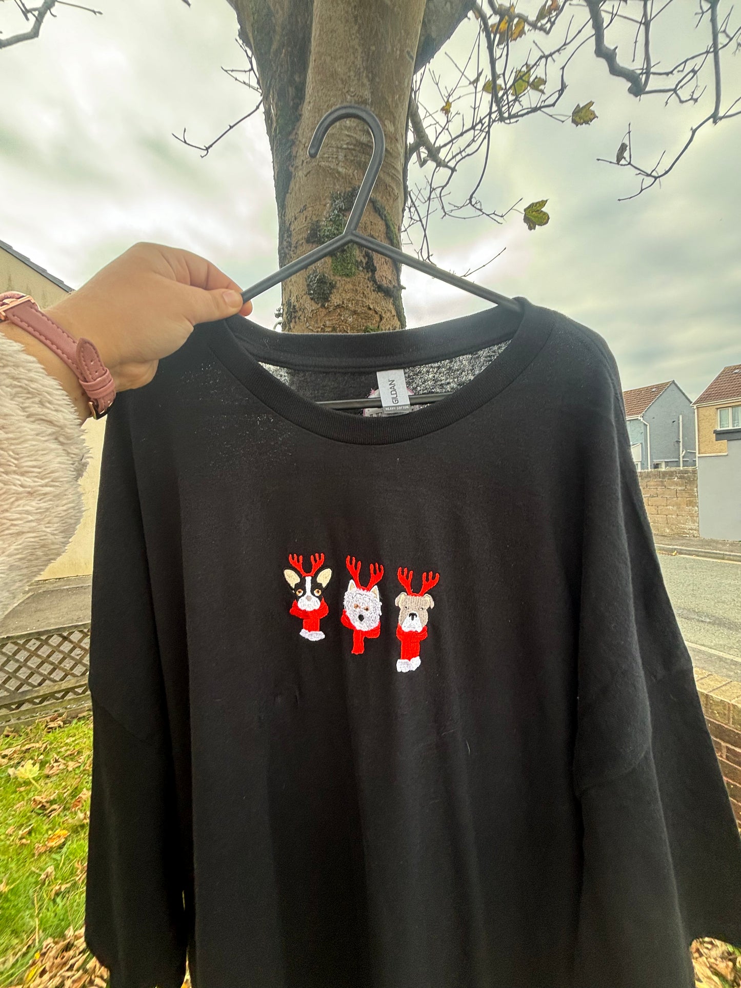 Christmas Dogs Embroidered T-shirt, Sweatshirt or Hoodie. Black