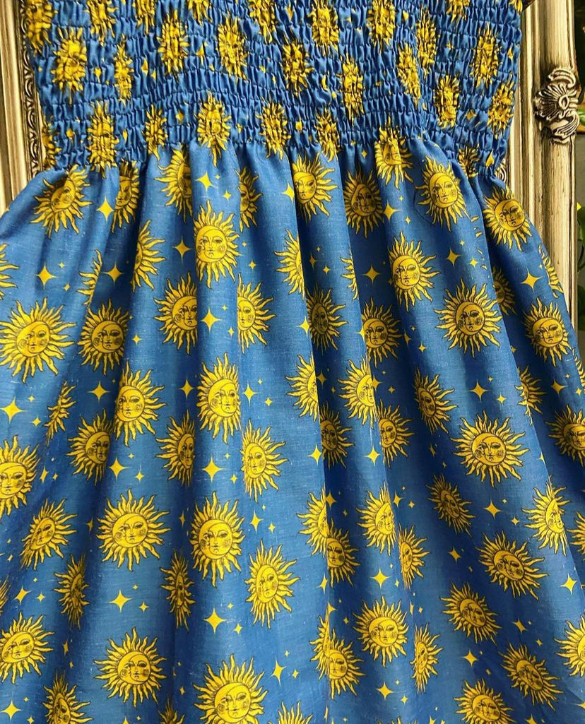 Shirred Tiered Cami Maxi Dress - Custom Teal Sun and Moon Fabric