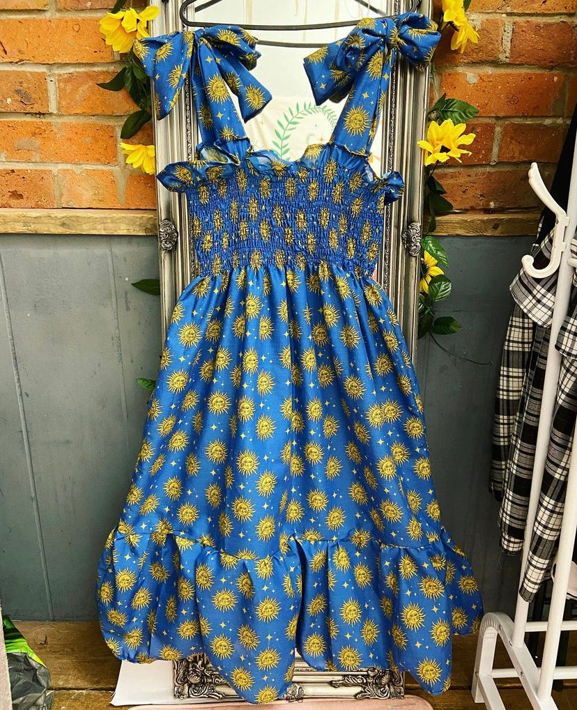 Shirred Tiered Cami Maxi Dress - Custom Teal Sun and Moon Fabric