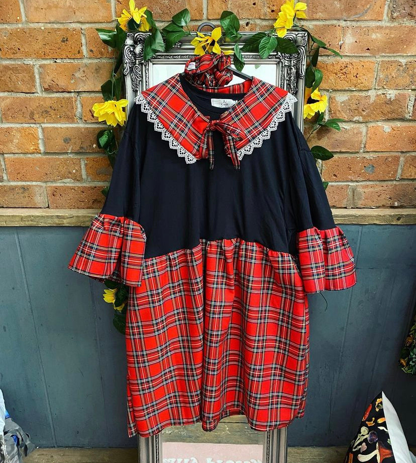 Red Tartan Smock dress with free detachable collar