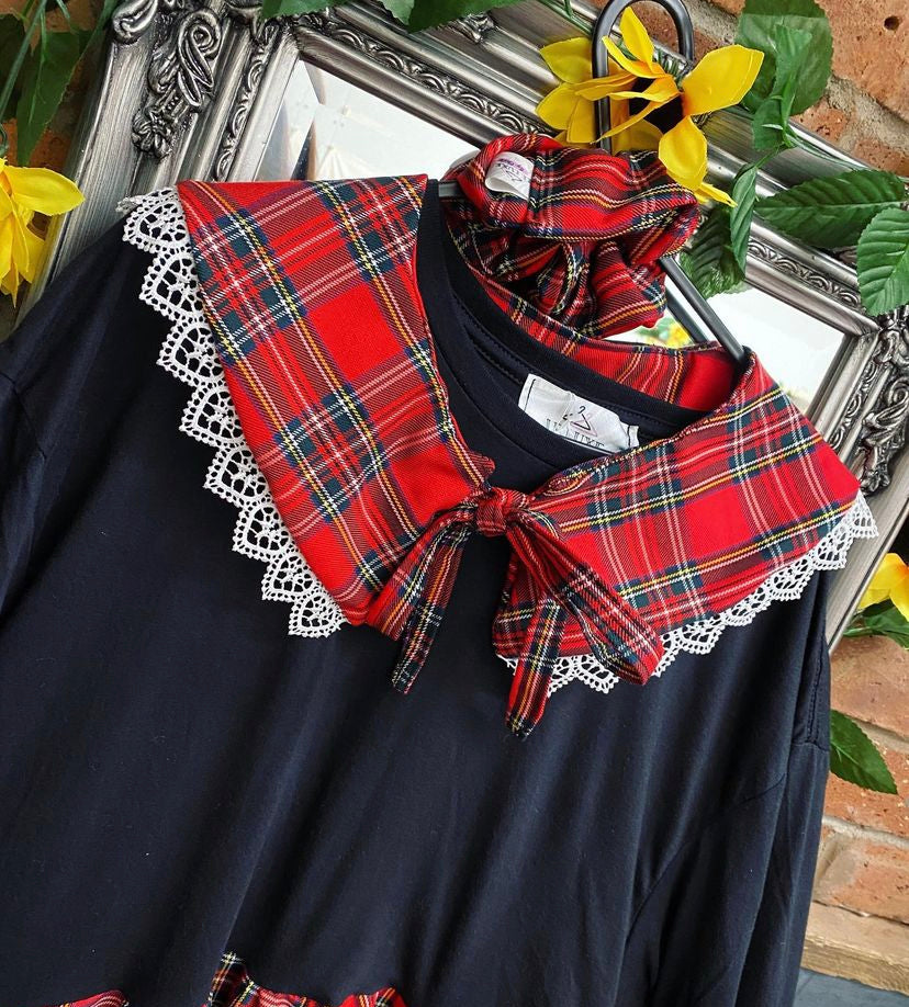 Red Tartan Smock dress with free detachable collar