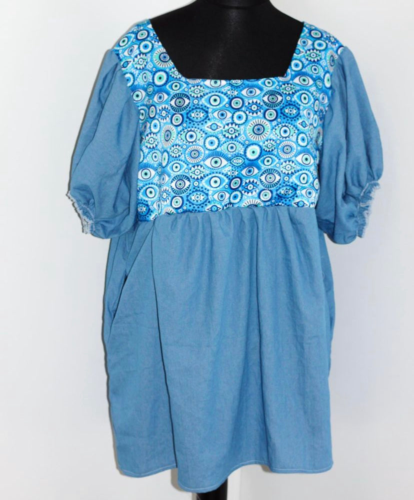 Puff Sleeve Panel Dress - Cotton Denim and Evil Eye silk fabric