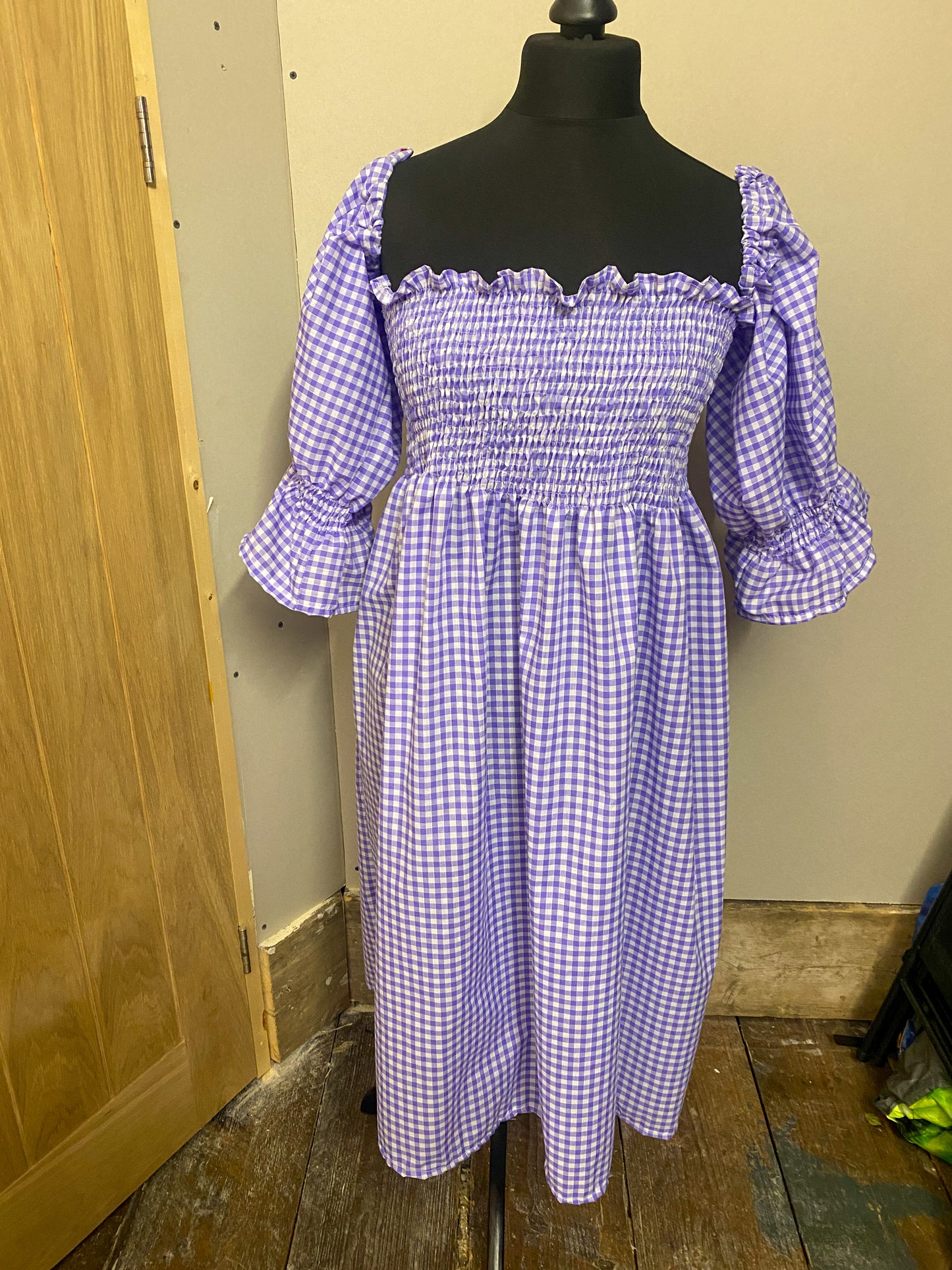 Shirred Puff Sleeve Dress - 100% Cotton, Purple Gingham (off the shoulder dress)