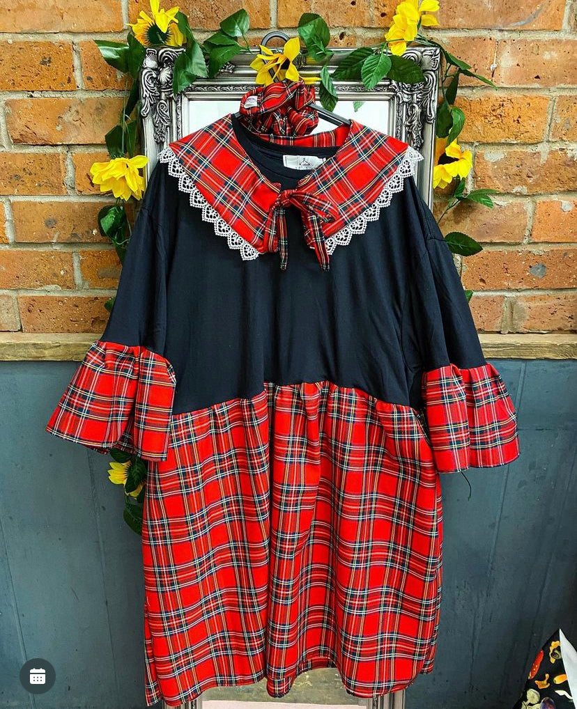 Red Tartan Smock dress with free detachable collar