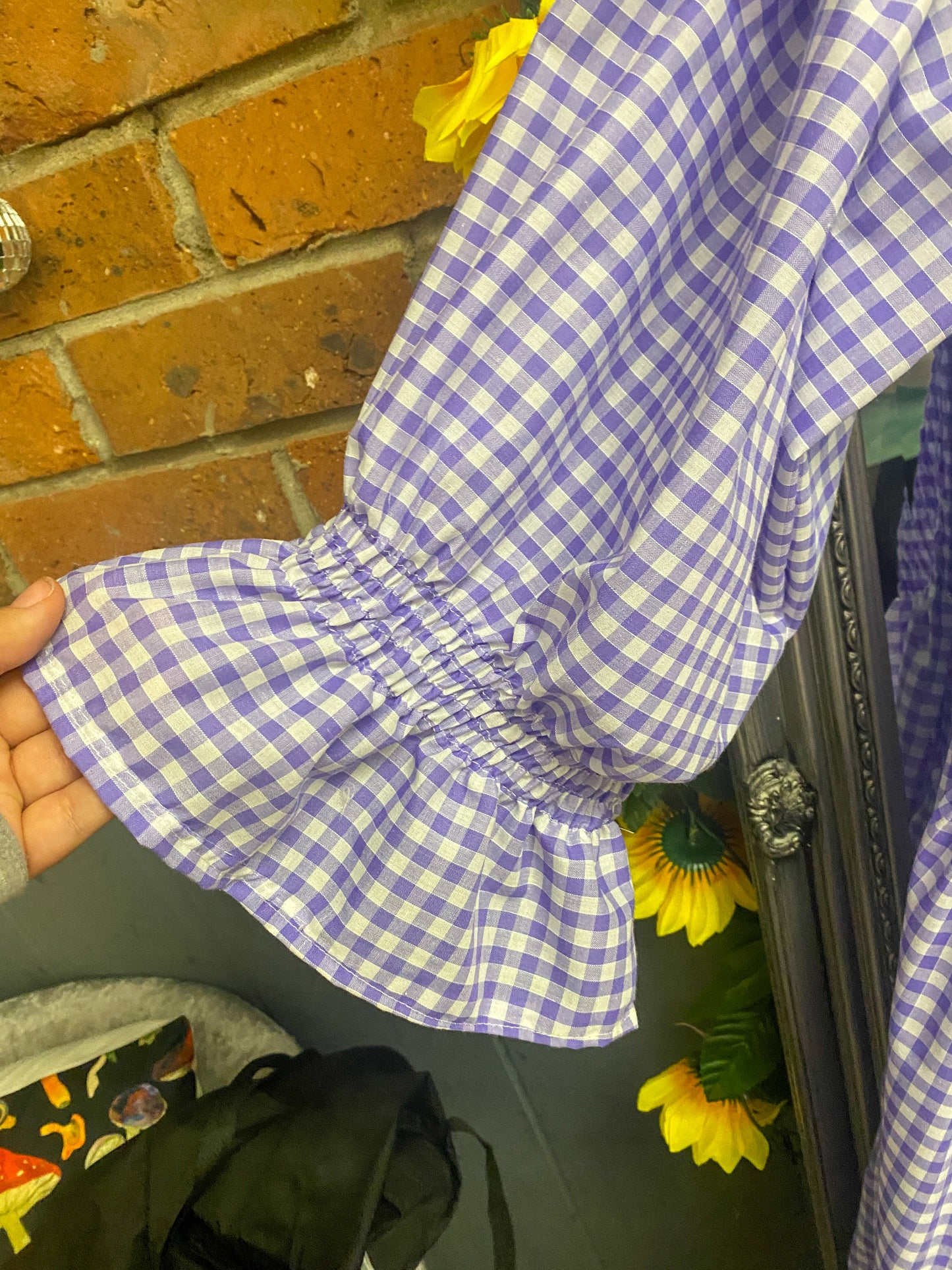 Shirred Puff Sleeve Dress - 100% Cotton, Purple Gingham (off the shoulder dress)