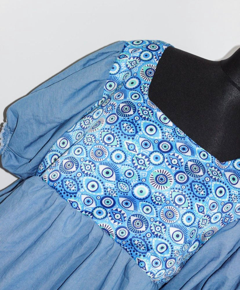 Puff Sleeve Panel Dress - Cotton Denim and Evil Eye silk fabric