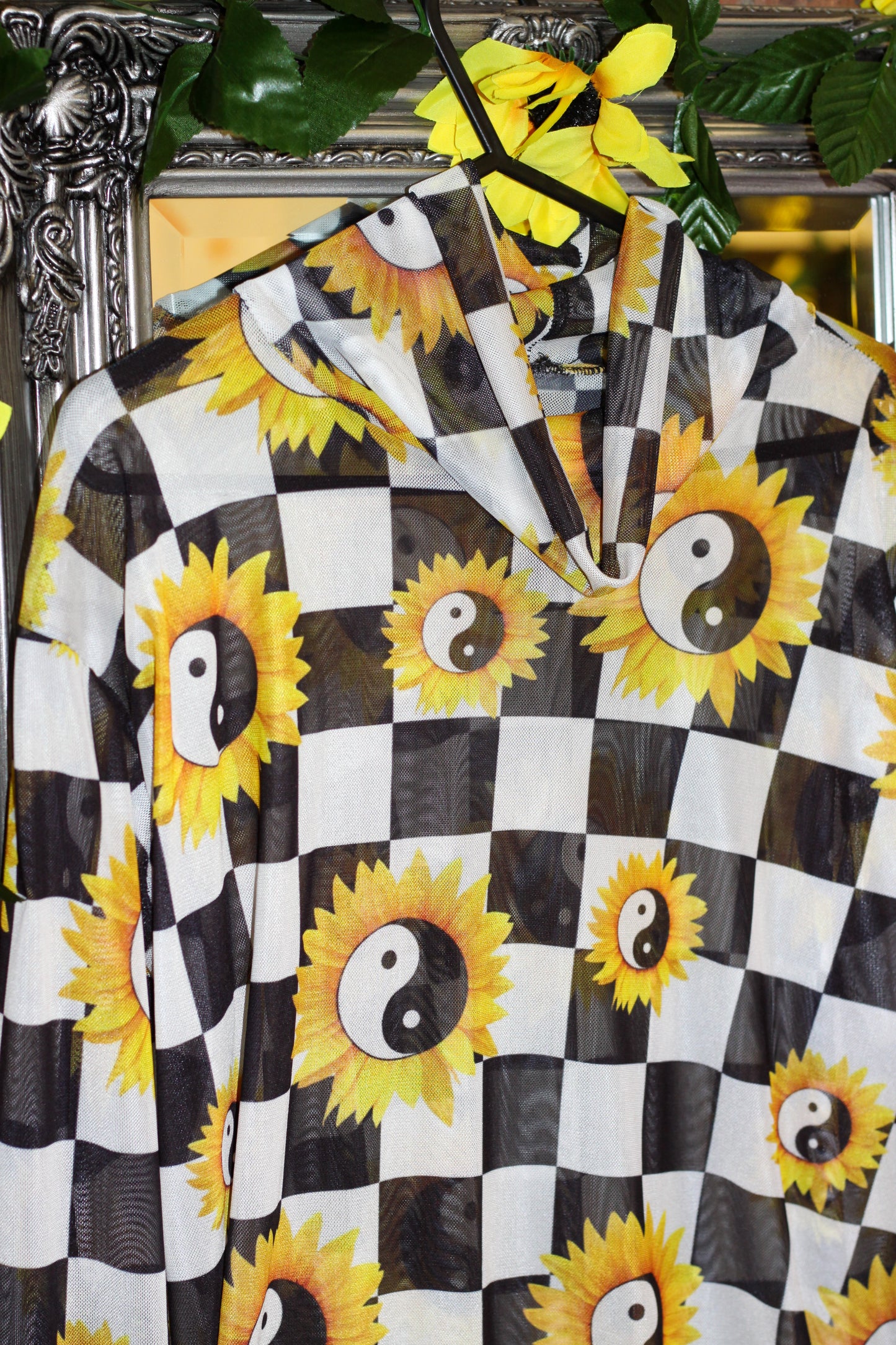 Mesh Turtleneck - Ying Yang Sunflower Checkerboard fabric