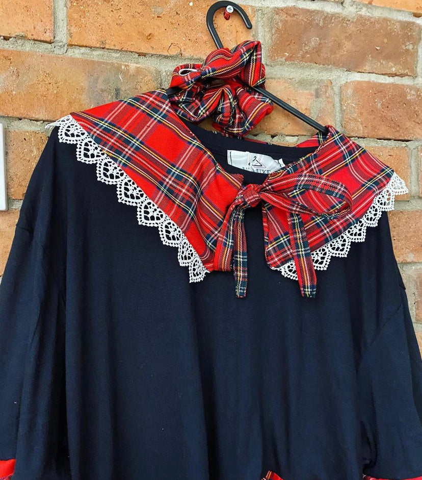Red Tartan Smock dress with free detachable collar