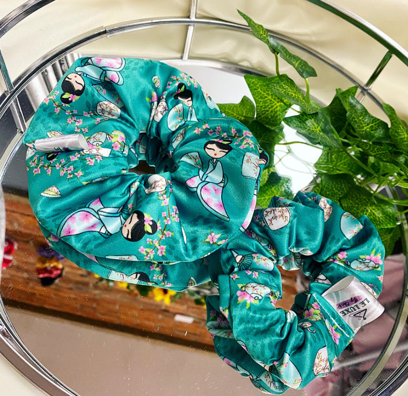 Teal Geisha premium duchess silk scrunchie