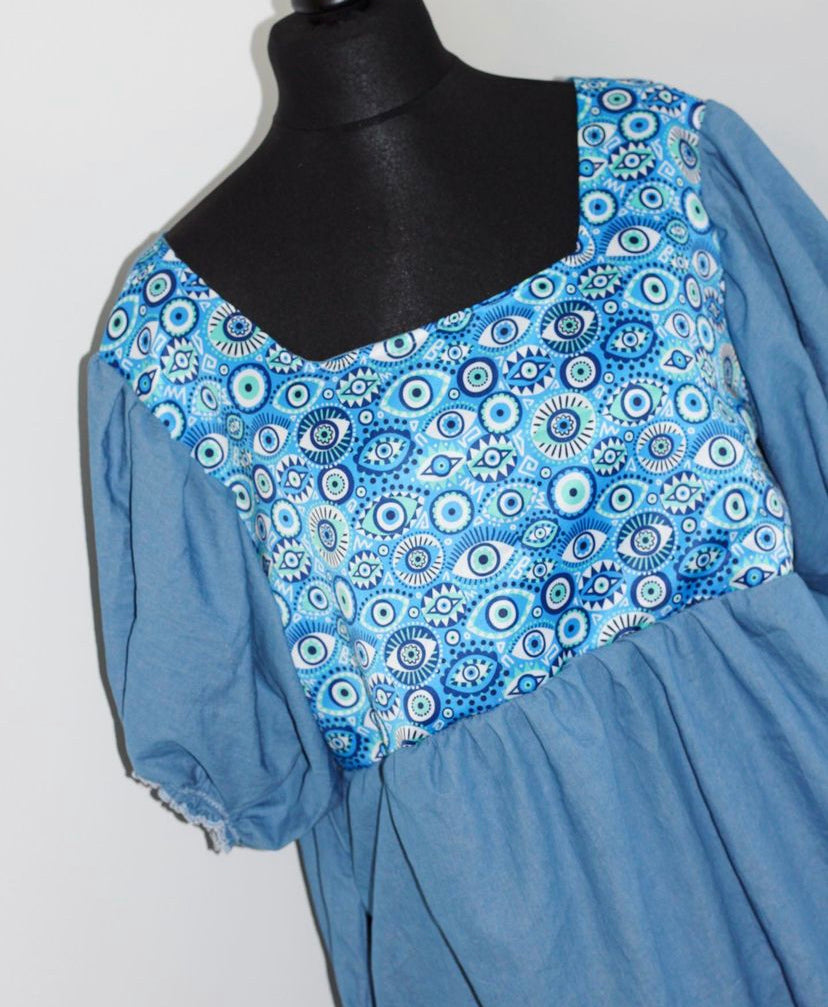 Puff Sleeve Panel Dress - Cotton Denim and Evil Eye silk fabric