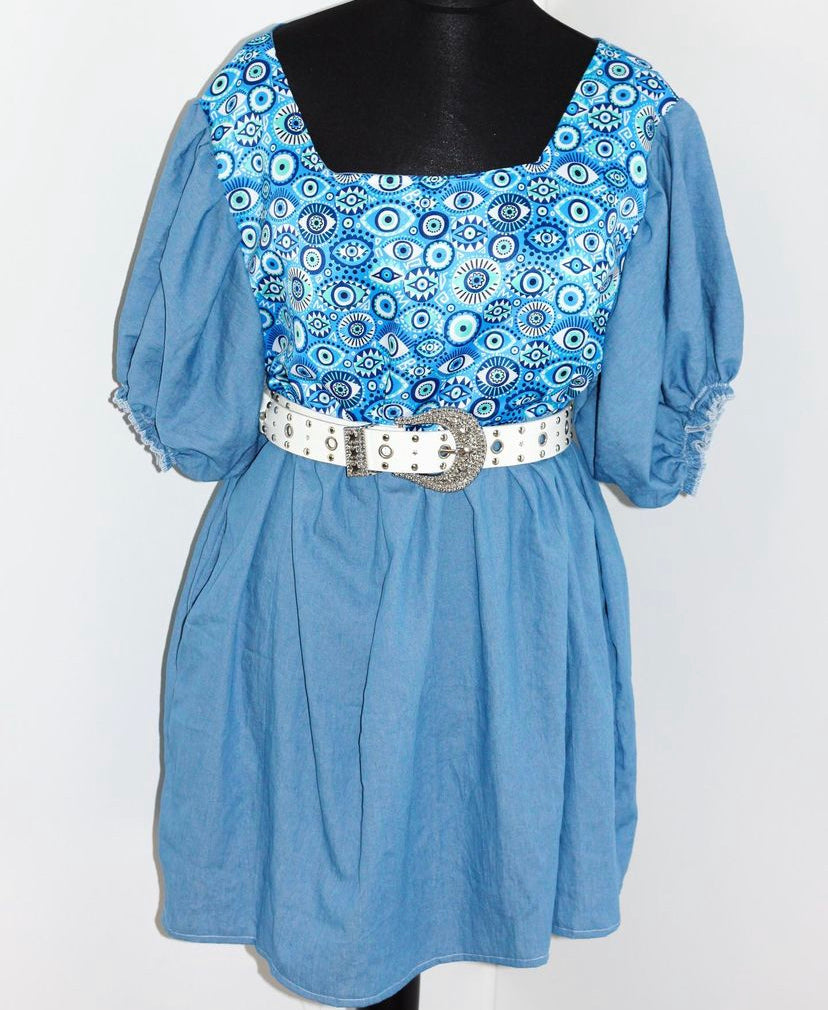 Puff Sleeve Panel Dress - Cotton Denim and Evil Eye silk fabric