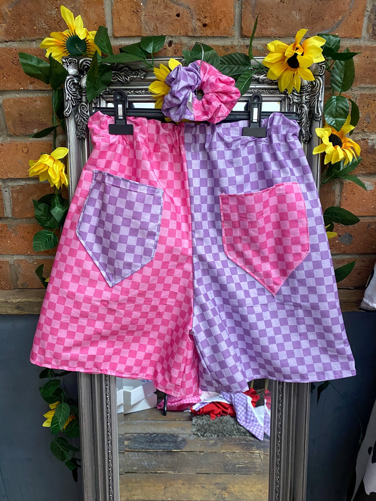 Spilt Shorts - Pink and Purple checkerboard fabric