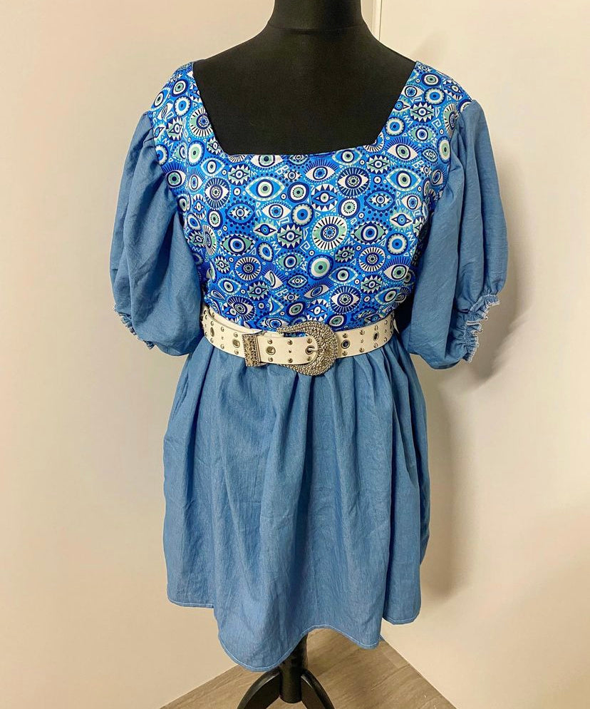 Puff Sleeve Panel Dress - Cotton Denim and Evil Eye silk fabric