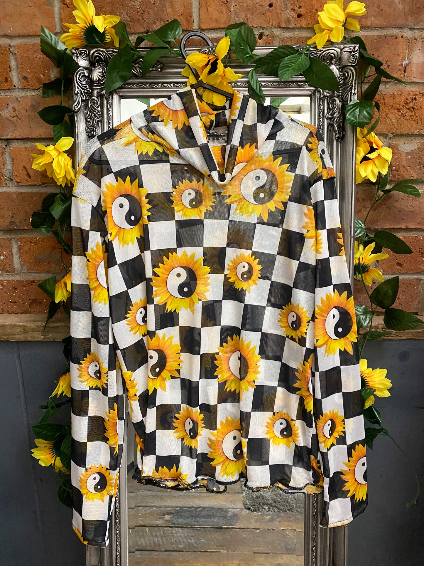 Mesh Turtleneck - Ying Yang Sunflower Checkerboard fabric