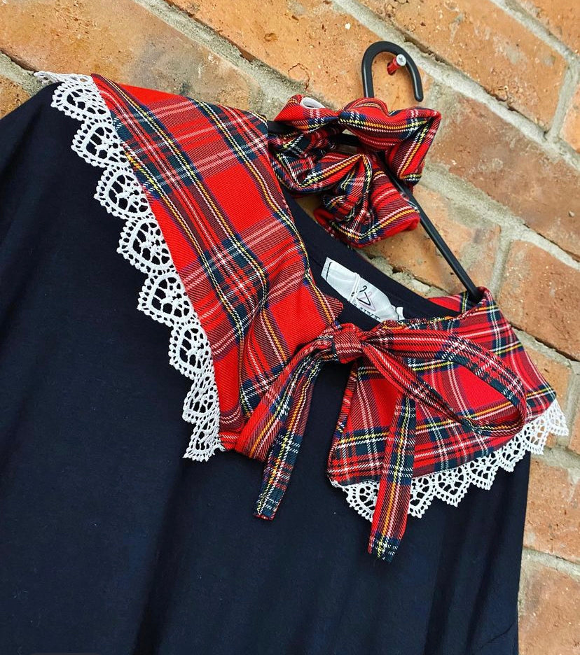 Red Tartan Smock dress with free detachable collar
