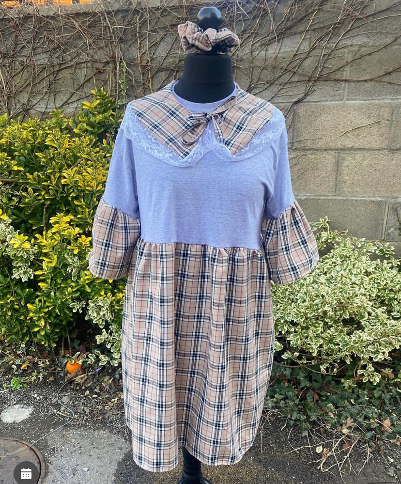Caramel Tartan Smock dress with free detachable collar