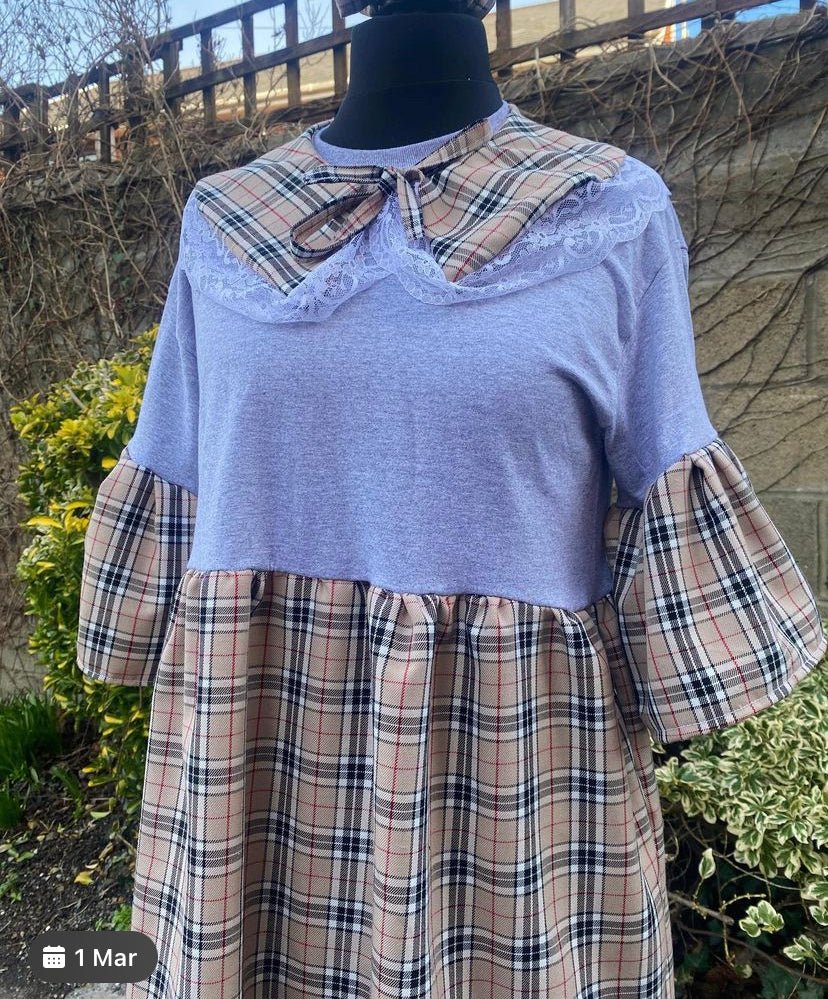 Caramel Tartan Smock dress with free detachable collar