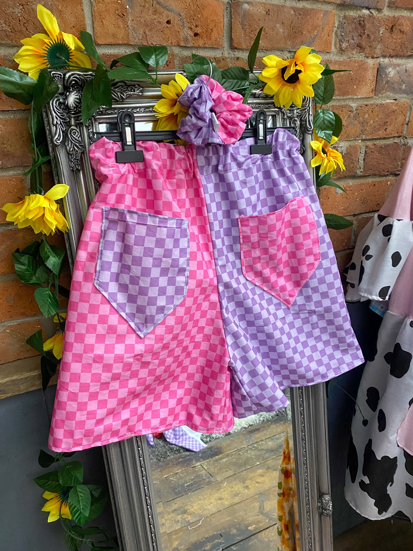 Spilt Shorts - Pink and Purple checkerboard fabric