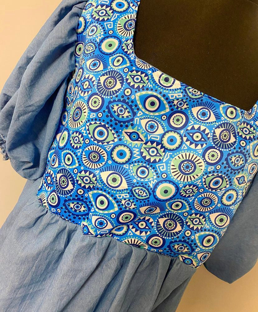 Puff Sleeve Panel Dress - Cotton Denim and Evil Eye silk fabric