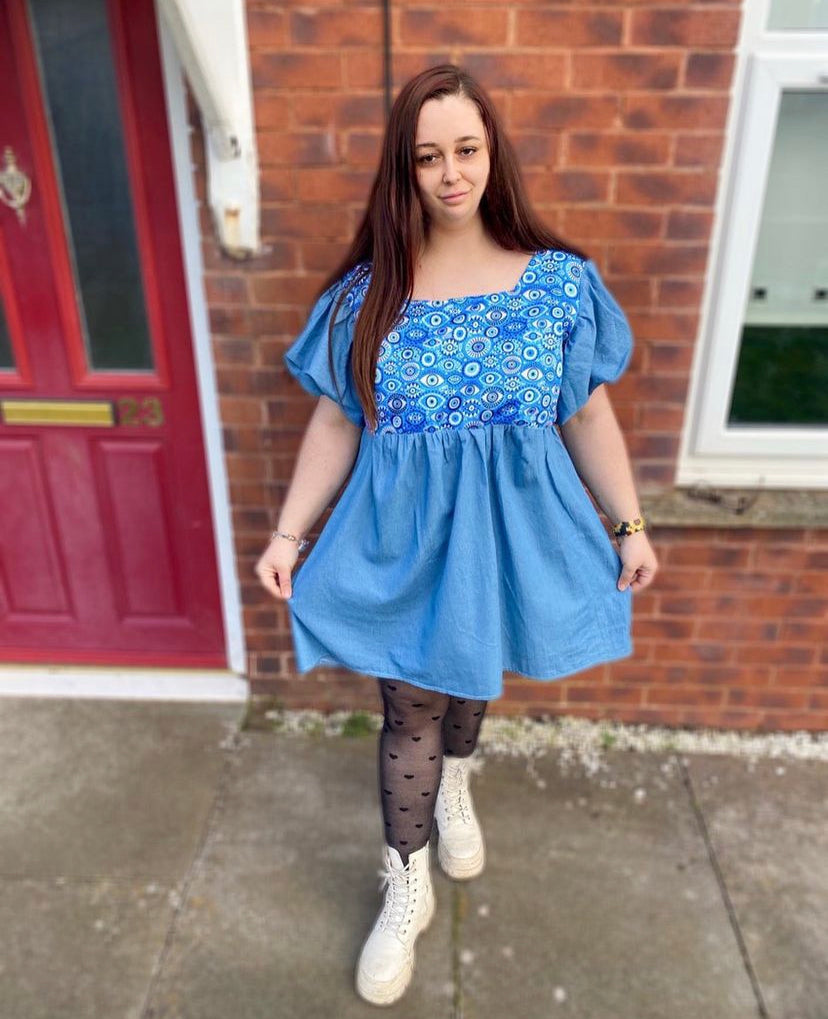 Puff Sleeve Panel Dress - Cotton Denim and Evil Eye silk fabric