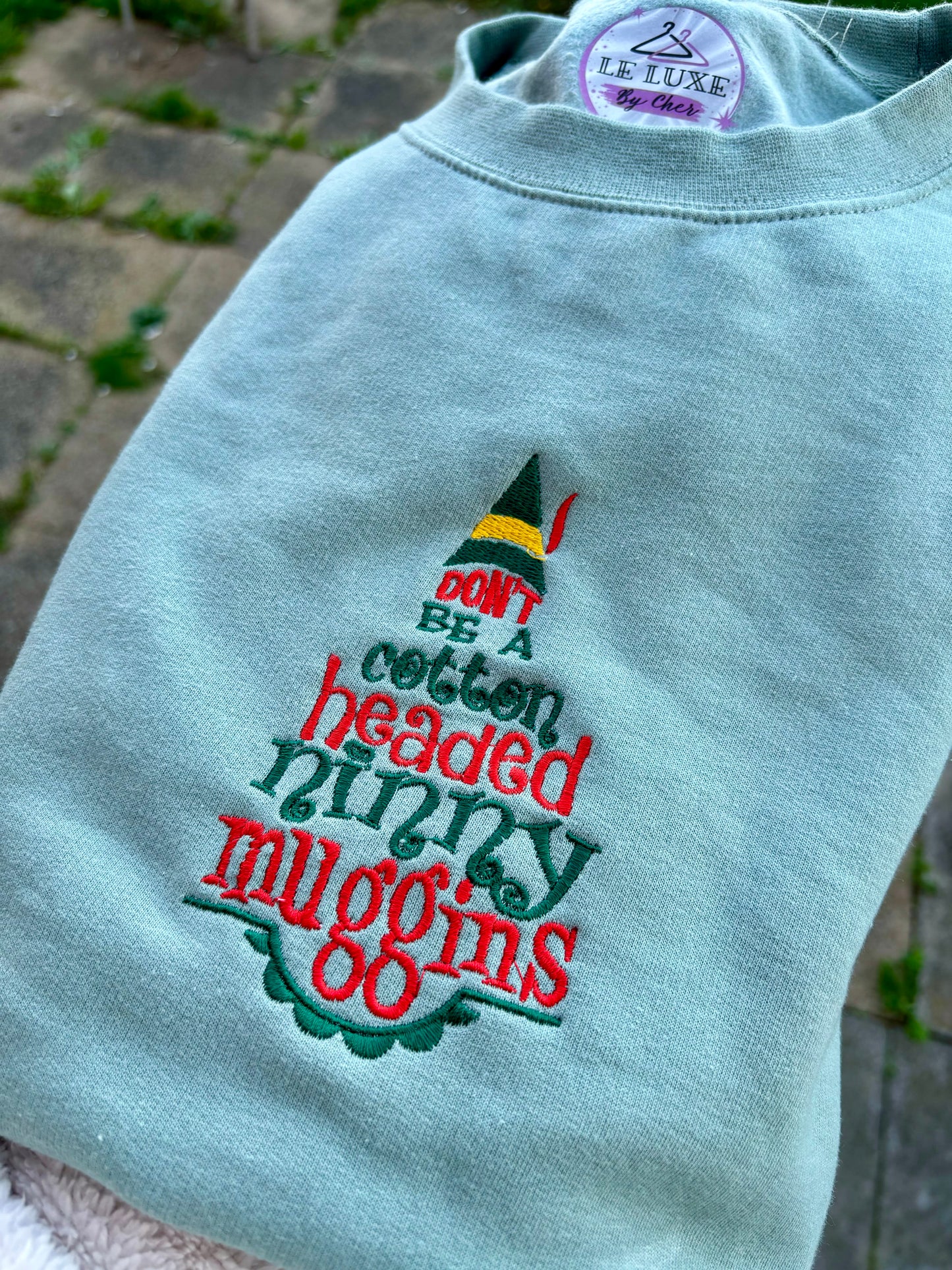 Ninny Muggins - Elf Embroidered T-shirt, Sweatshirt or Hoodie. Dusky Green