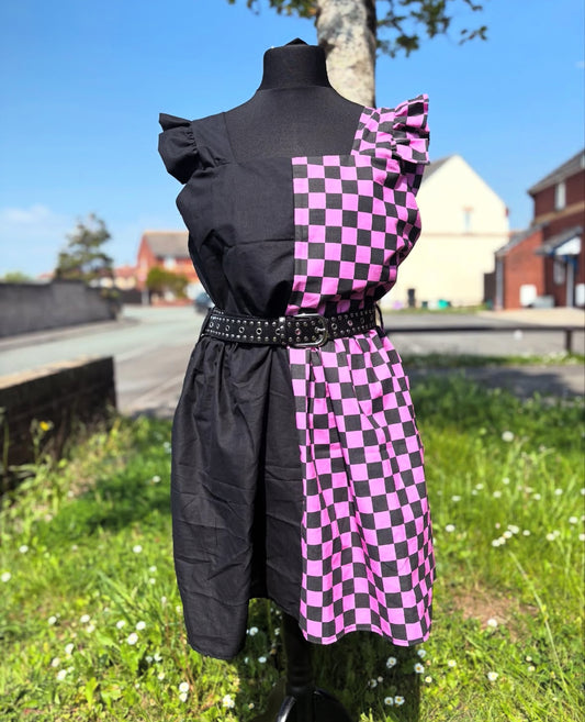 Baby Doll Dress - Split fabric / Pink&Black Checkerboard